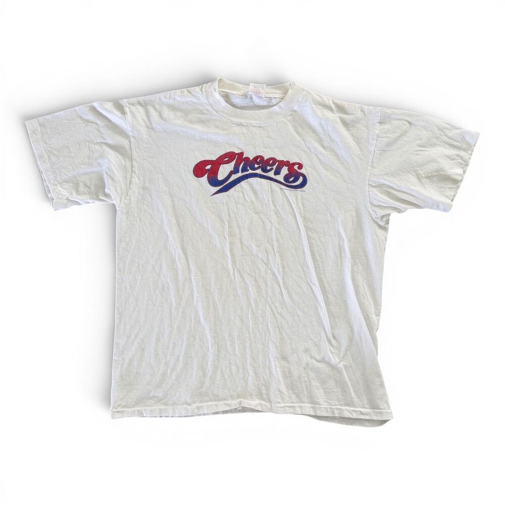 Vintage Cheers TV Show Logo T Shirt XL HUGGER Made USA Single Stitch White 80s
